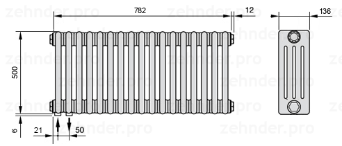 Схема (чертеж) Радиатор Zehnder Charleston 4050/17 №3370 Белый глянцевый RAL 9016
